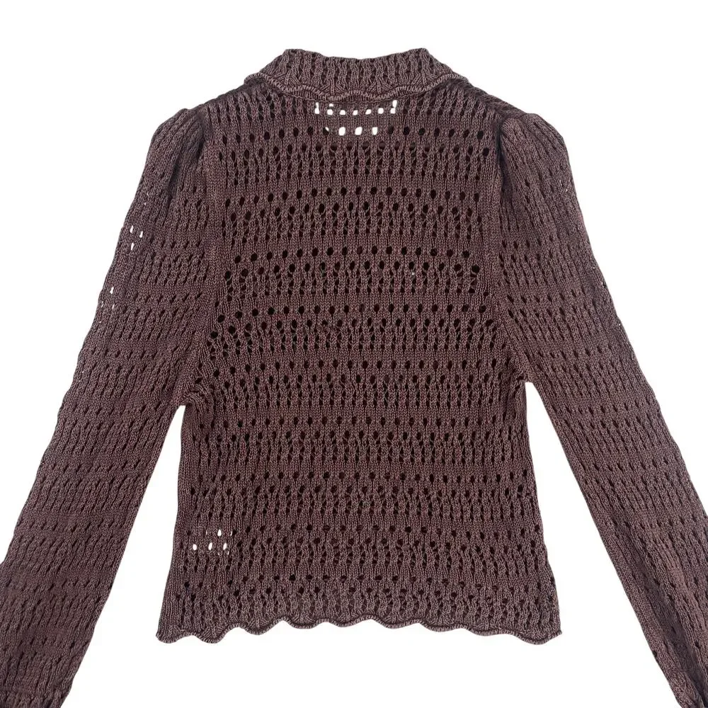 Free People Womens Pointelle Pullover Chicory Coffee Sweater SZ M Ribbon Cuff